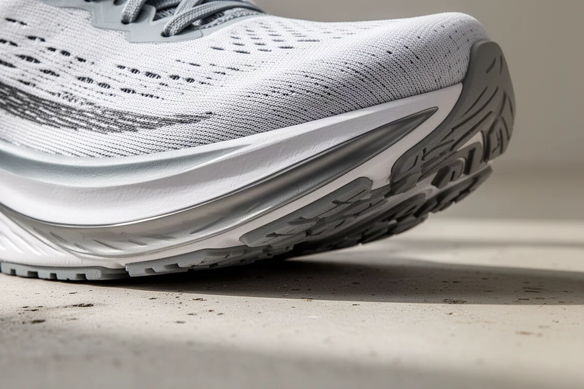 Vue en gros plan d'une plaque de nylon en forme de S visible dans la semelle intermédiaire d'une chaussure de running