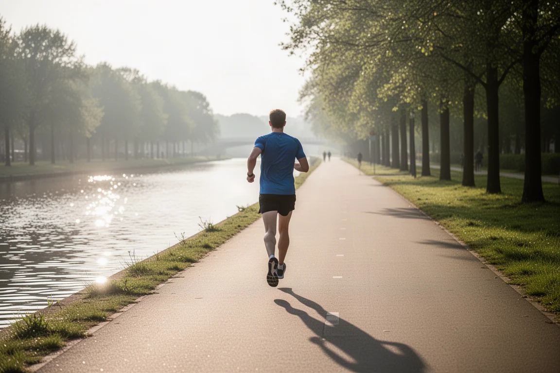Un coureur avance le long d'une piste cyclable plate au bord du canal, sous un soleil éclatant