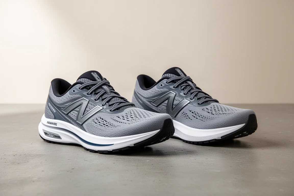 Deux chaussures de running côte à côte sur un fond de studio neutre pour comparaison