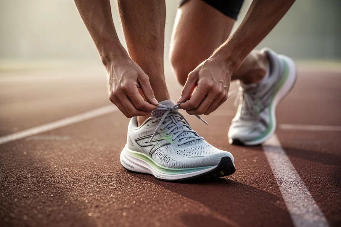 Hardloper die de veters van een lichte hardloopschoen vastmaakt voor een training op de baan