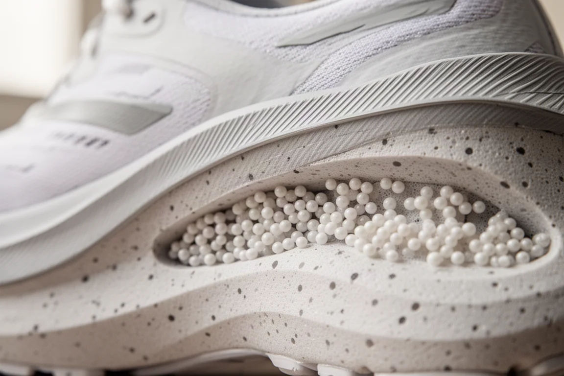 Close-up van een kralenachtige superfoam-tussenzool met een nylon plate zichtbaar aan de zijkant