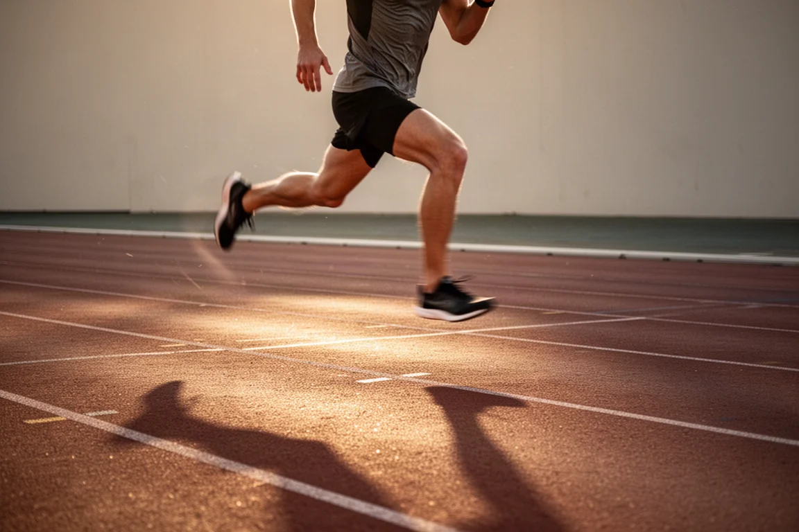 Hardloper die intervallen loopt op een atletiekbaan tijdens het gouden uur