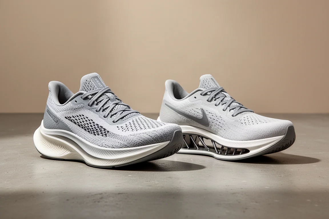 Saucony Endorphin Speed 3 and Adidas Takumi Sen running shoes side by side on concrete