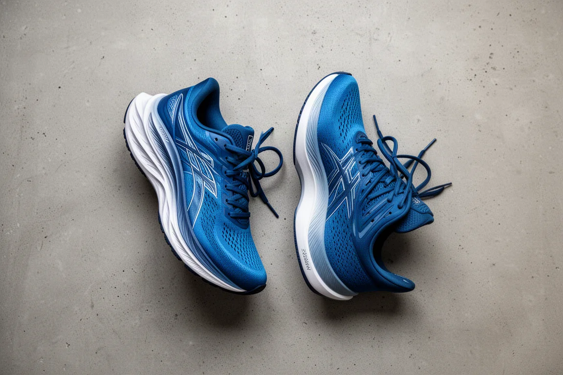 Two plated running shoes side by side on a concrete surface for comparison
