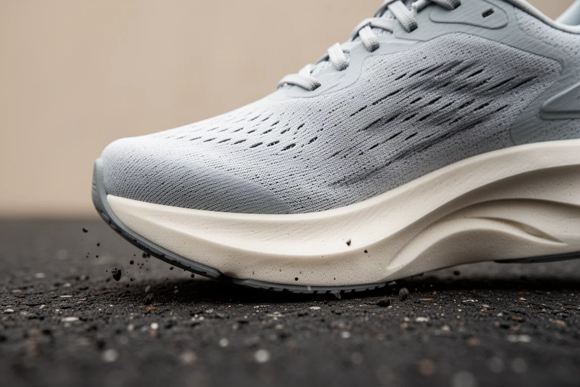 Close-up of a runner's foot striking in a cushioned plated midsole