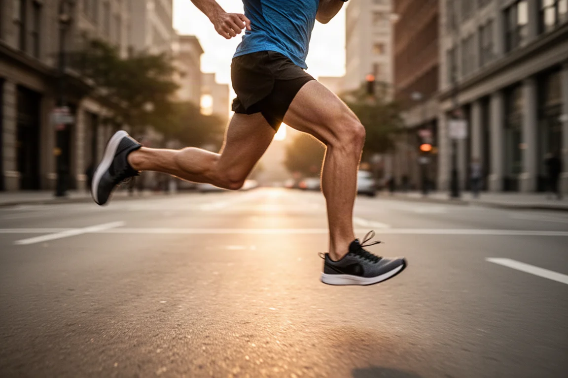 Runner on a city street at tempo pace in soft evening light
