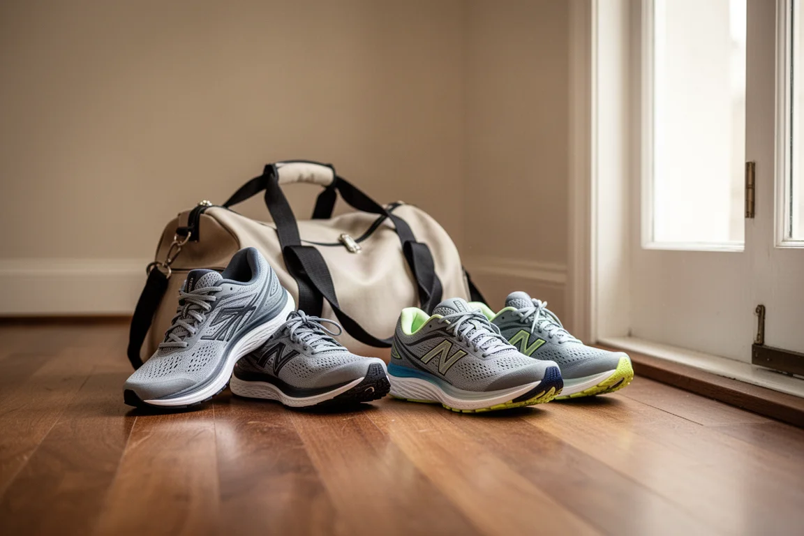 Running shoes resting beside a training bag on a wooden floor