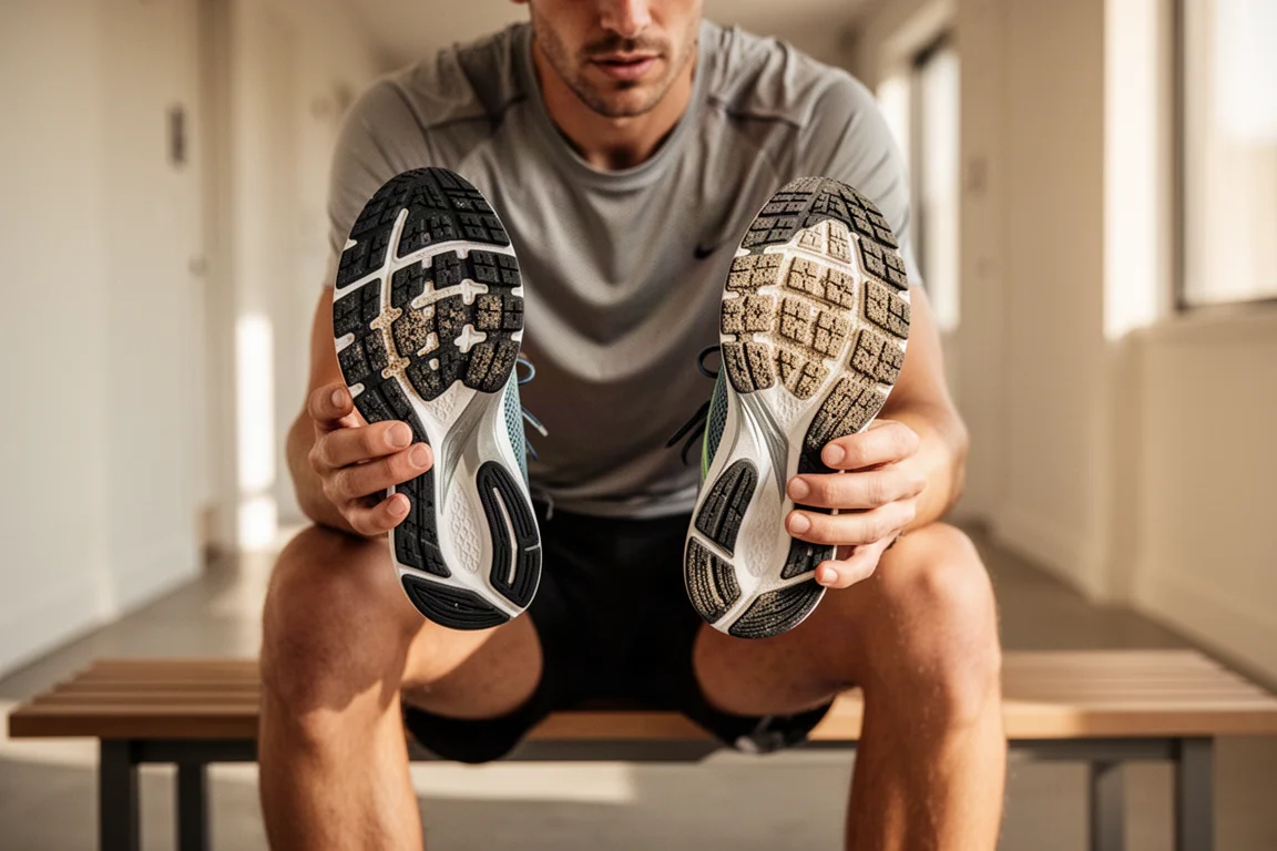 Suela de goma desgastada de una zapatilla de running apoyada sobre la superficie de una pista
