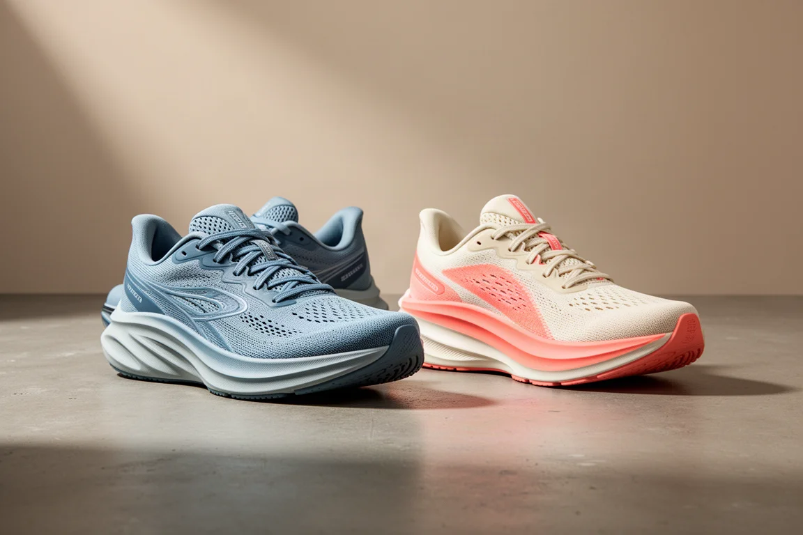 Two neutral road running shoes side by side on a concrete surface