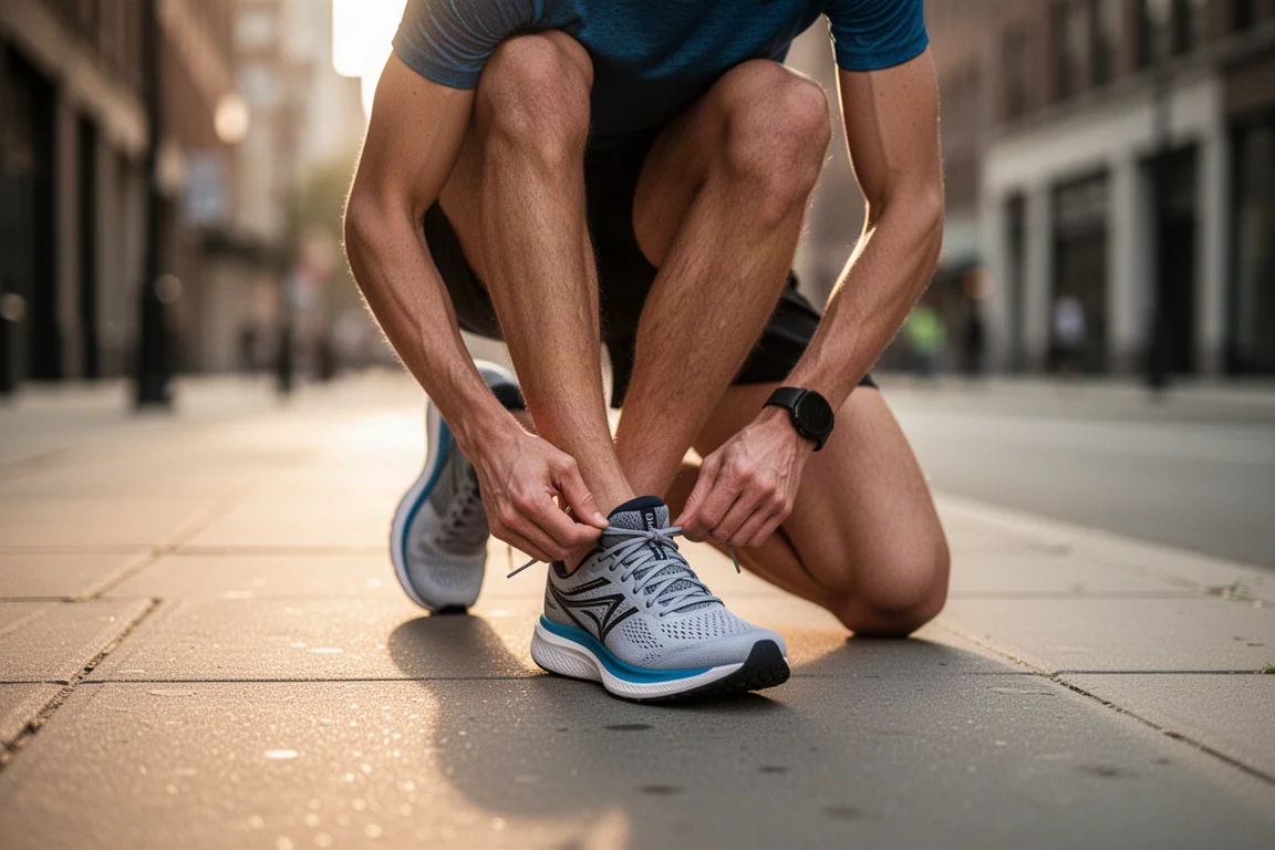 Runner lacing up a lightweight racing shoe before a road workout