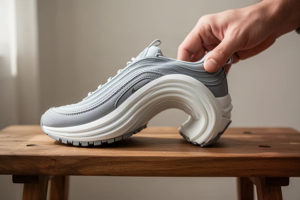 Close-up of a running shoe midsole flexing during a bend test