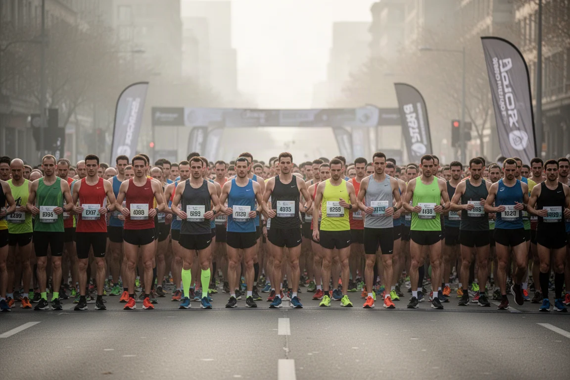 Group of runners lined up at the start of a half marathon