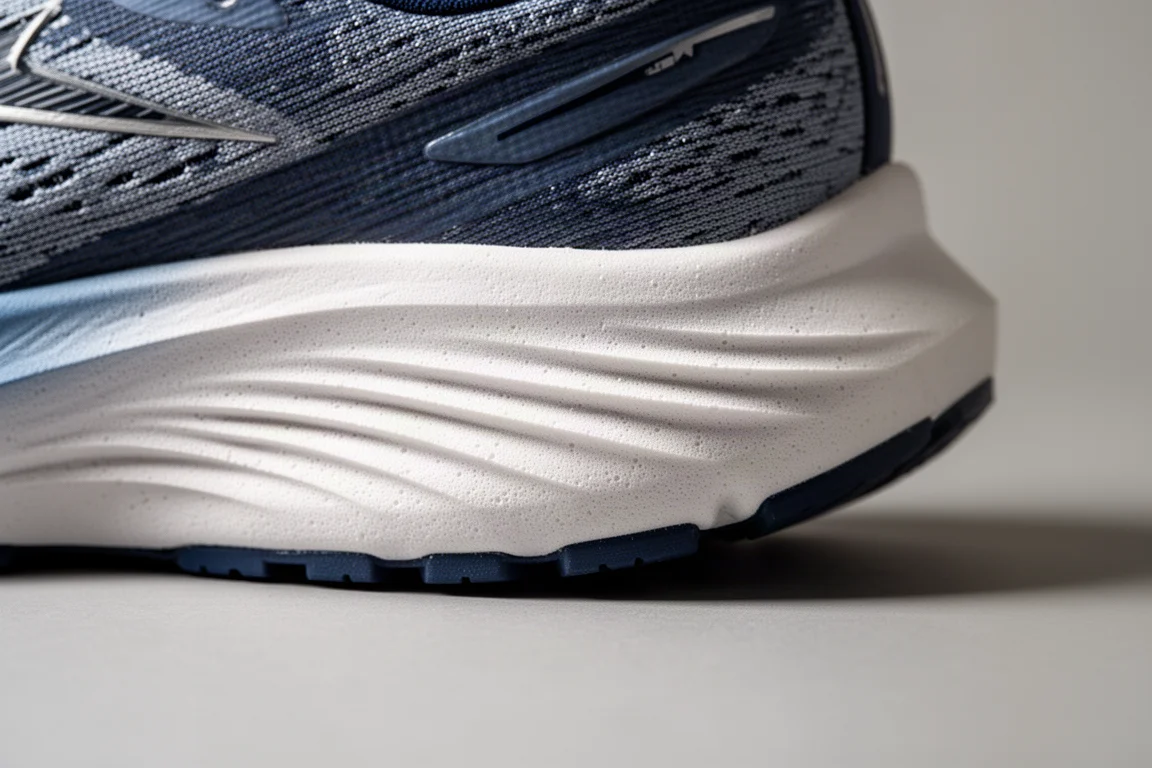 Close-up of a creased midsole foam on a well-worn running shoe