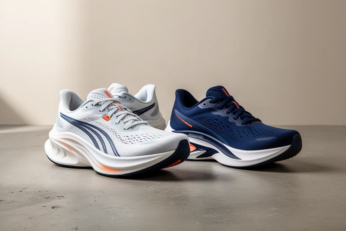 Two performance running shoes side by side on a concrete surface