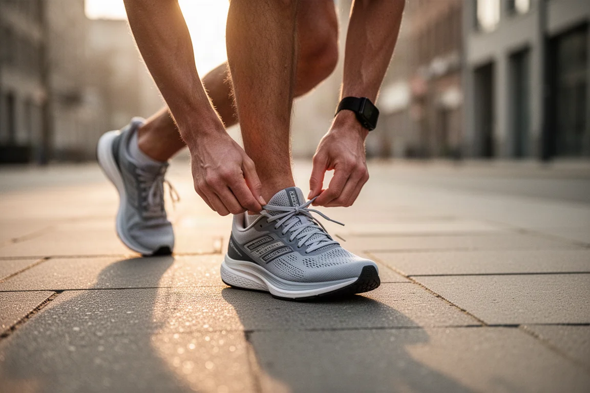 Corredor atándose una zapatilla de entrenamiento en una acera con suave luz matutina