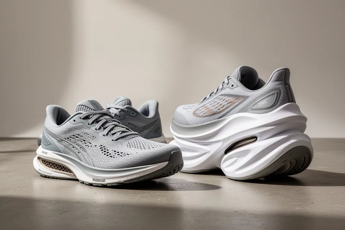 Two plated running trainers side by side showing a clear stack height difference