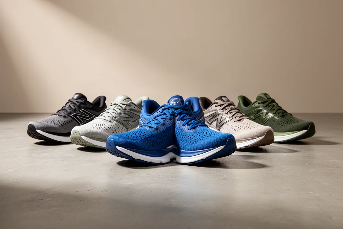 Five plated running shoes arranged on a concrete surface for comparison