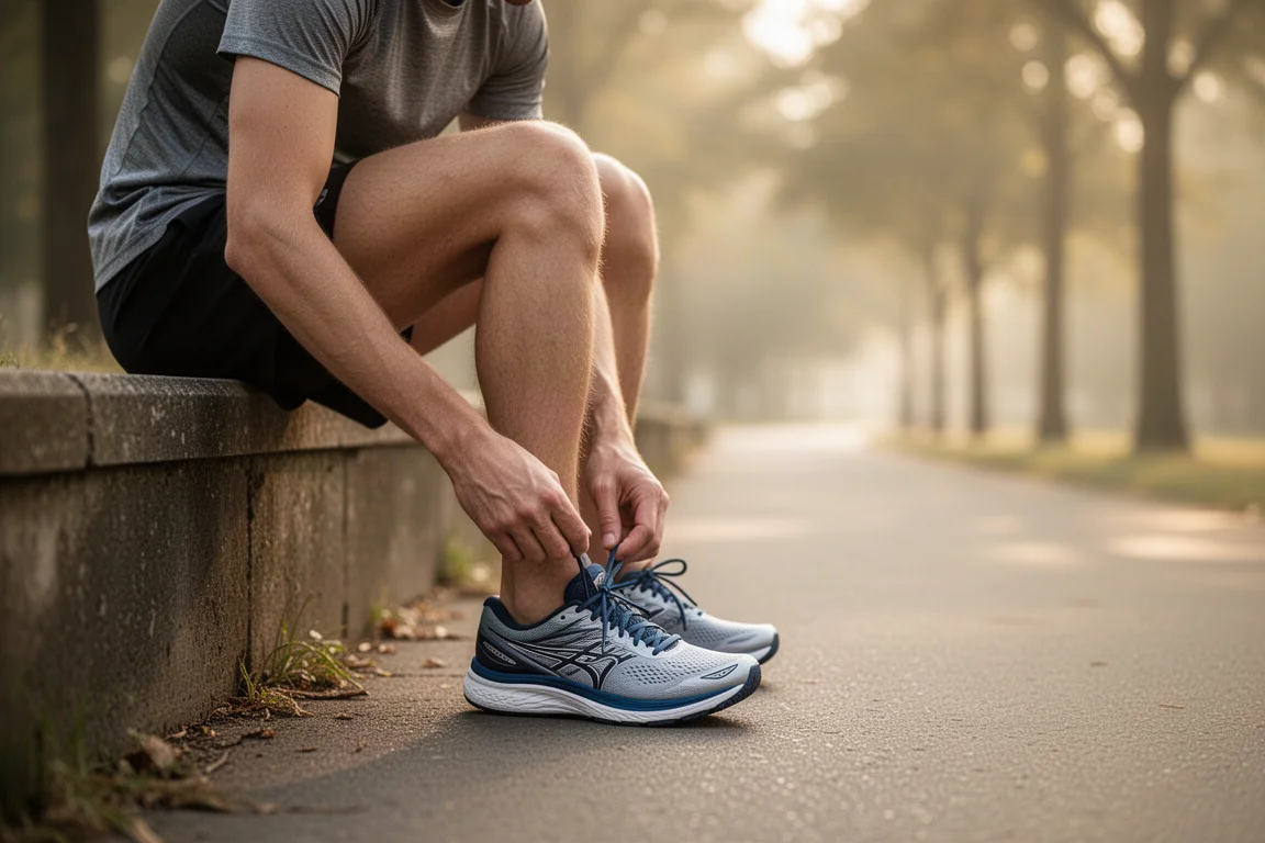 Un coureur lace ses chaussures de running sur un chemin tranquille de banlieue dans une douce lumière matinale