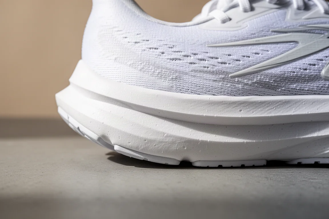 Gros plan sur la mousse d'une semelle intermédiaire de chaussure de running se comprimant légèrement sur une surface dure