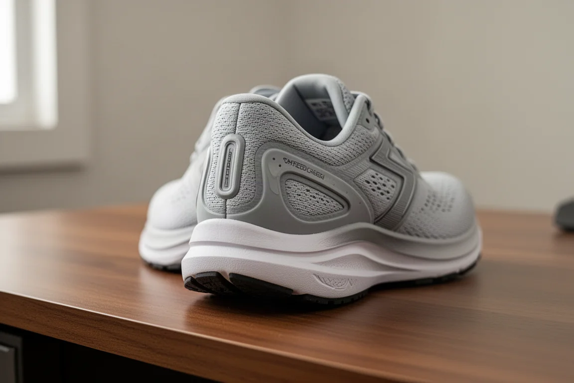 Vue arrière du talon d'une chaussure de running montrant un design de clip de talon stabilisant