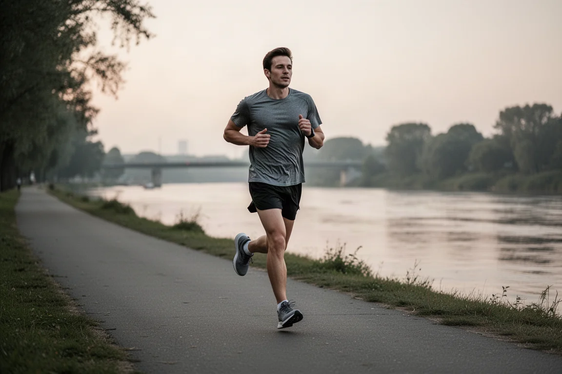 Un coureur sur un chemin pavé termine un footing de récupération au crépuscule