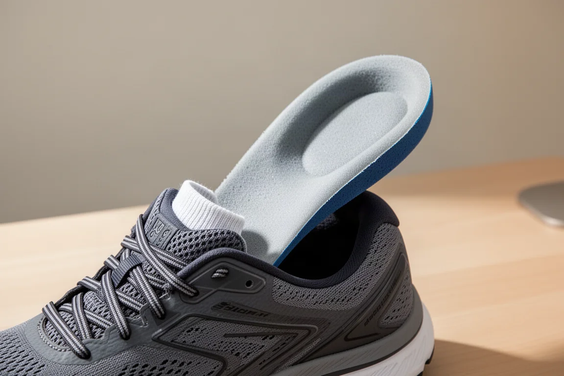 Soletta rimovibile sollevata da una scarpa da running che rivela un souvento imbottito spesso