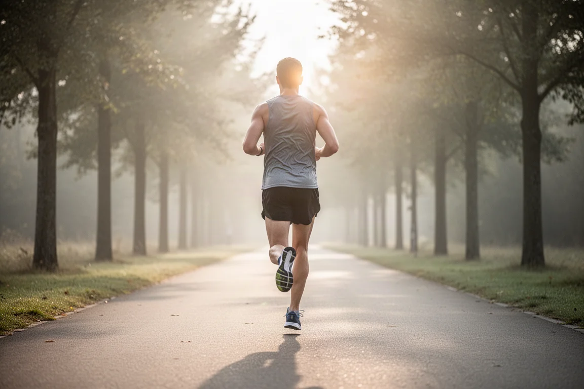 Un runner che percorre chilometri facili su una via silenziosa nella morbida luce del mattino