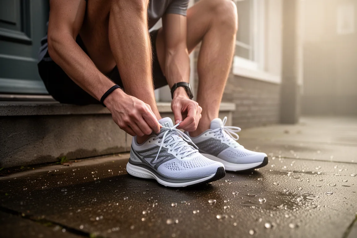 Runner che allaccia scarpe da running leggere sulla porta di casa prima di una corsa al mattino presto