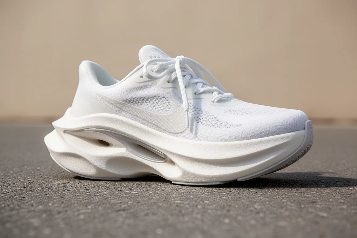 Dettaglio dell'intersuola a forma rocker di una scarpa da running sull'asfalto