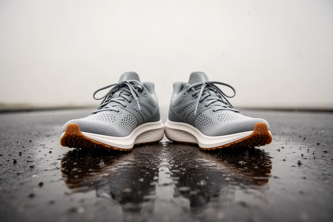 Scarpe da running su asfalto bagnato dopo la pioggia con luce riflessa