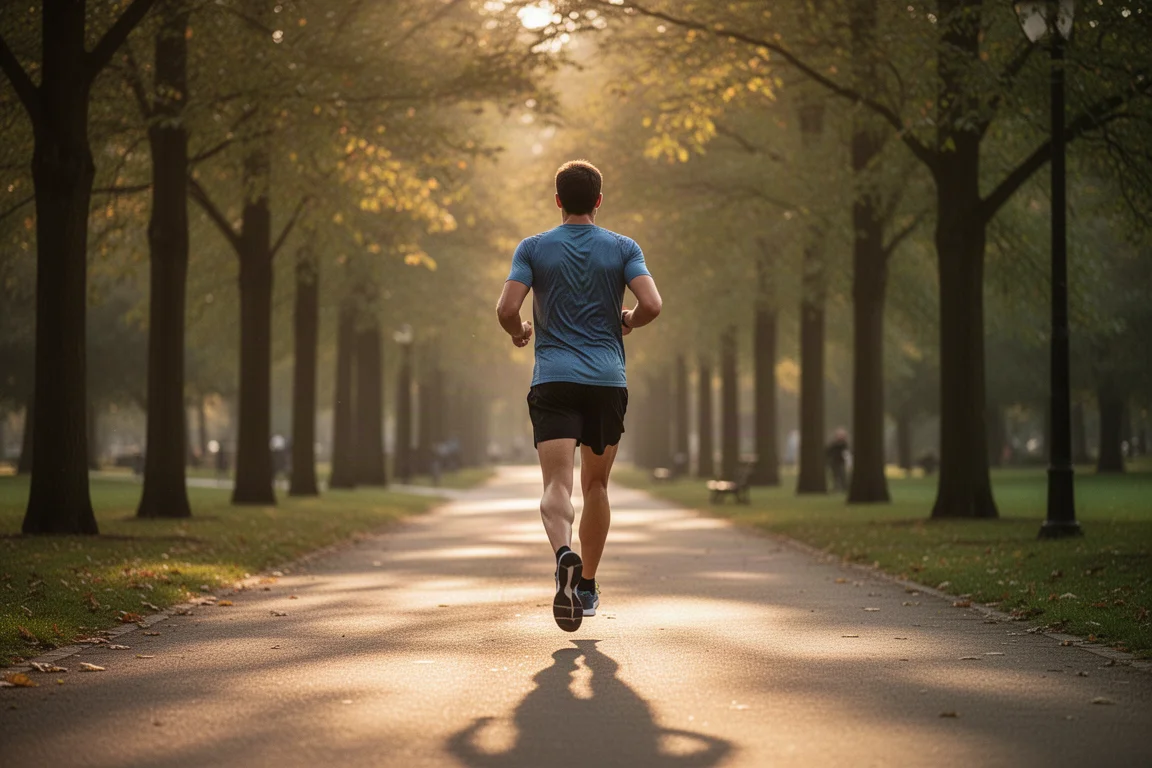 Runner che corre a ritmo di allenamento costante lungo un viale alberato
