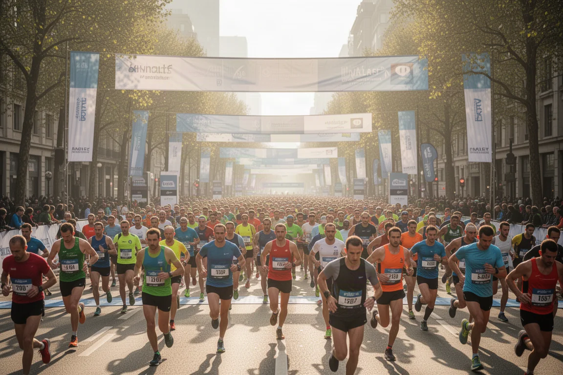 Runner lining up for a busy city half marathon in bright morning sunshine