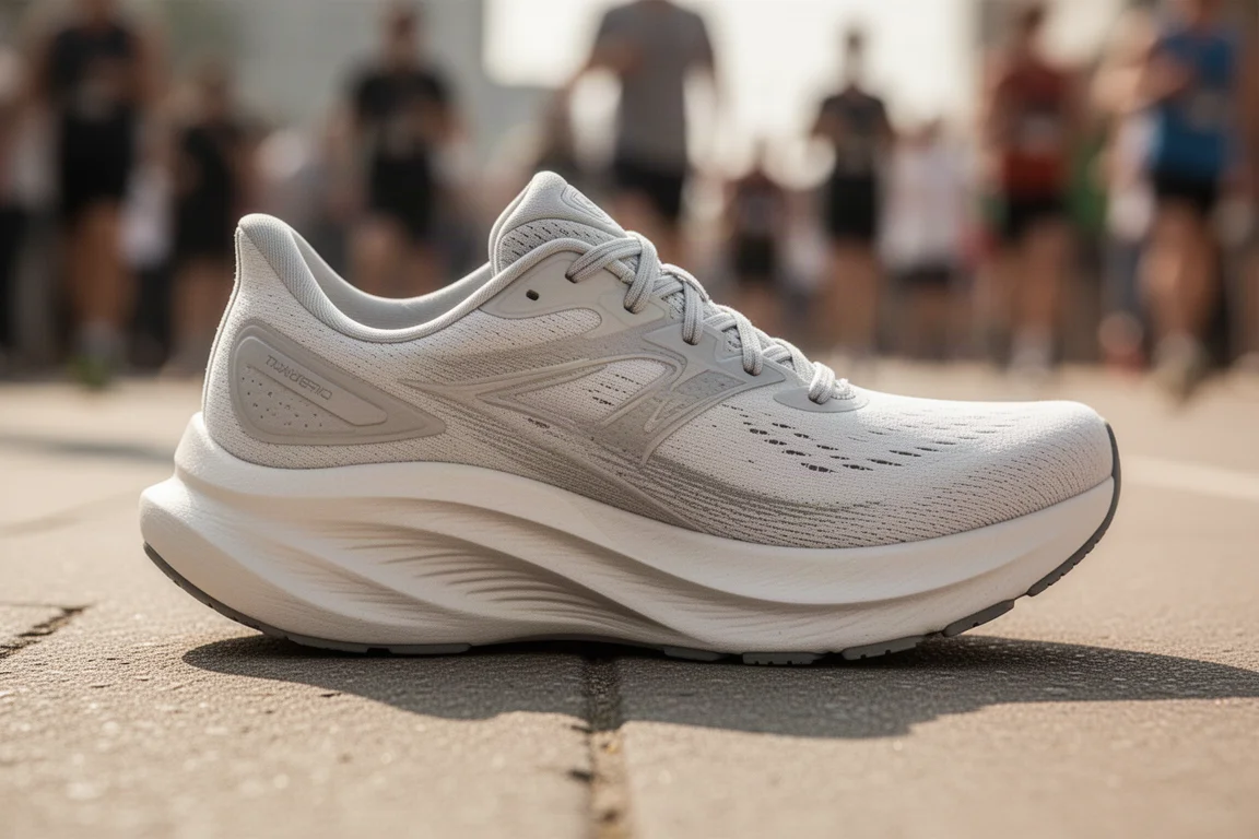 Close-up of a cushioned running shoe midsole on sunlit pavement