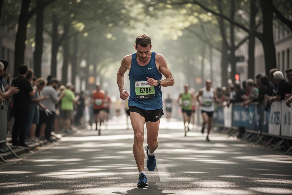 Tired runner slowing down on a shaded city street during a race