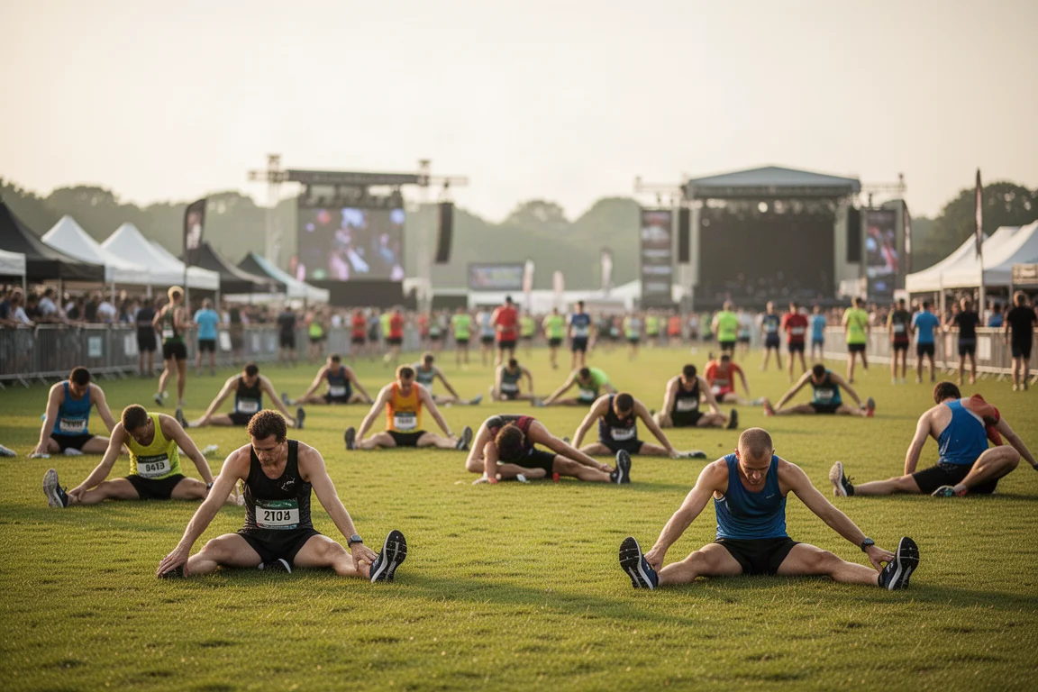 Runner stretching on a finish area lawn after a half marathon