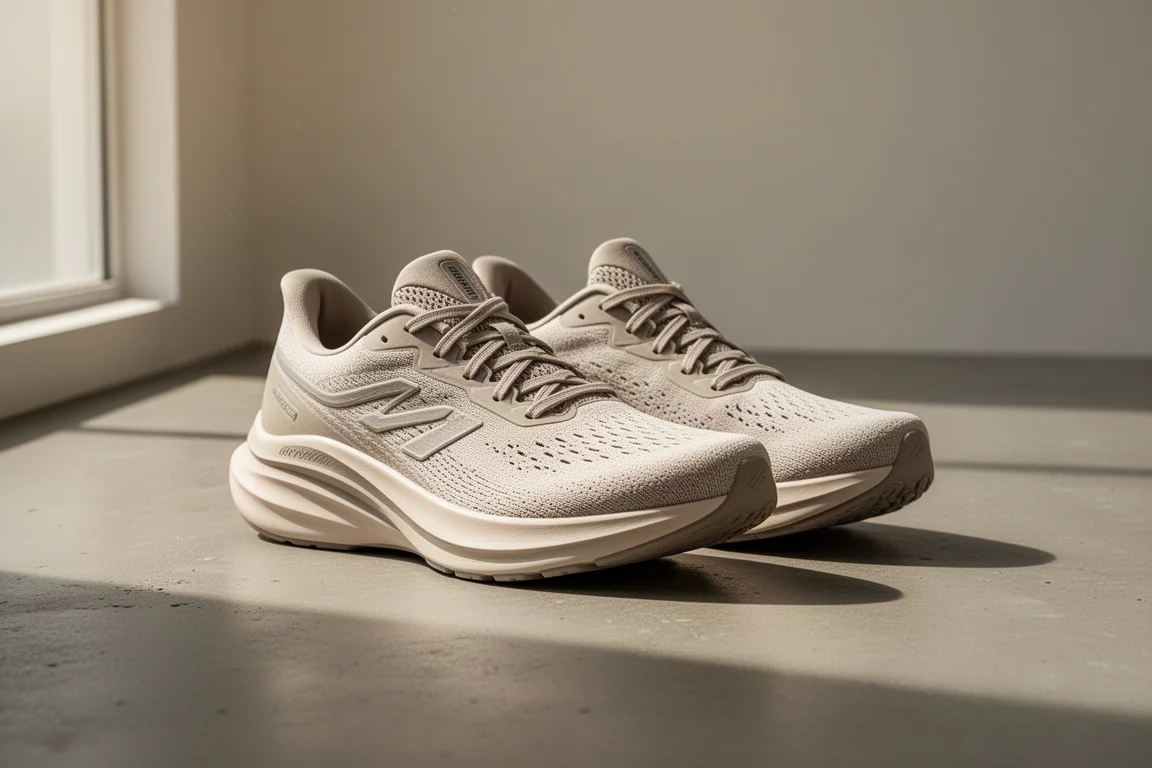 Pair of cushioned running shoes on a matte concrete surface