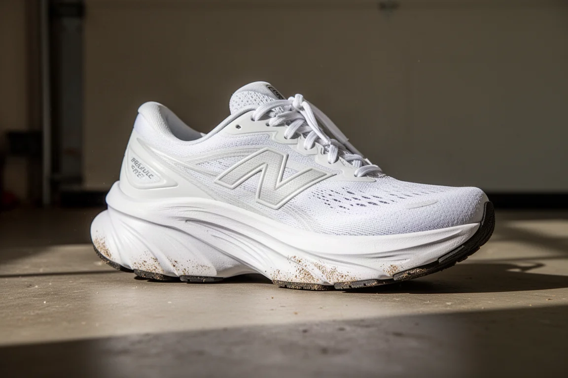 Primeiro plano da entressola de espuma desgastada de um tênis de corrida após um treino longo