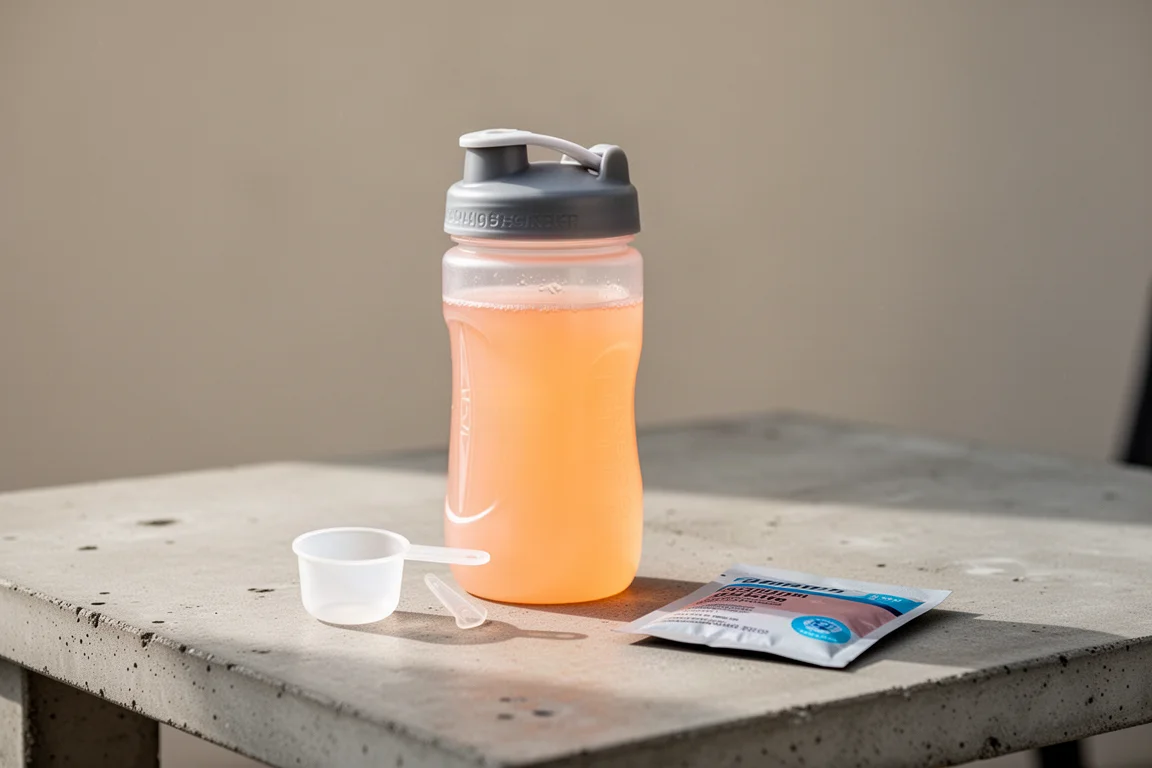 Bebida de combustível para resistência misturada em um soft flask sobre uma mesa de corrida