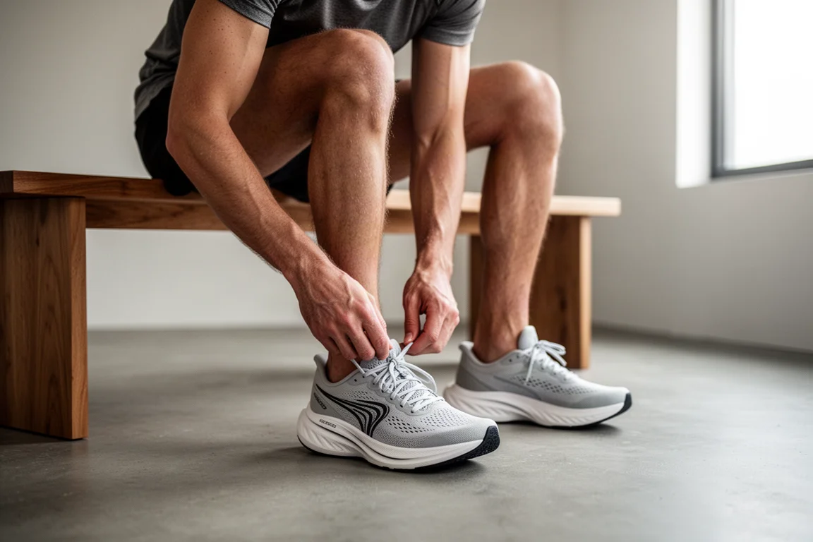 Runner lacing up a pair of lightweight road running shoes before a run