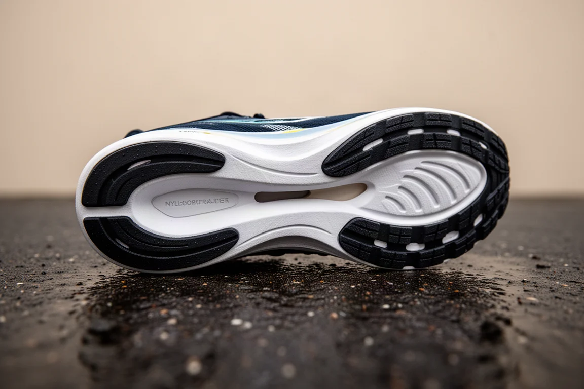 Close-up of a road running shoe midsole with rocker geometry and nylon plate