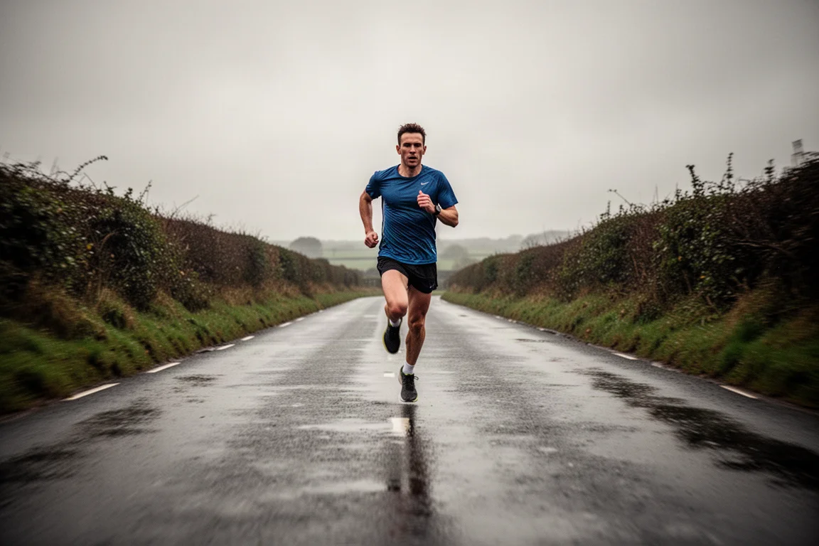 Runner picking up tempo on a windy road in low light