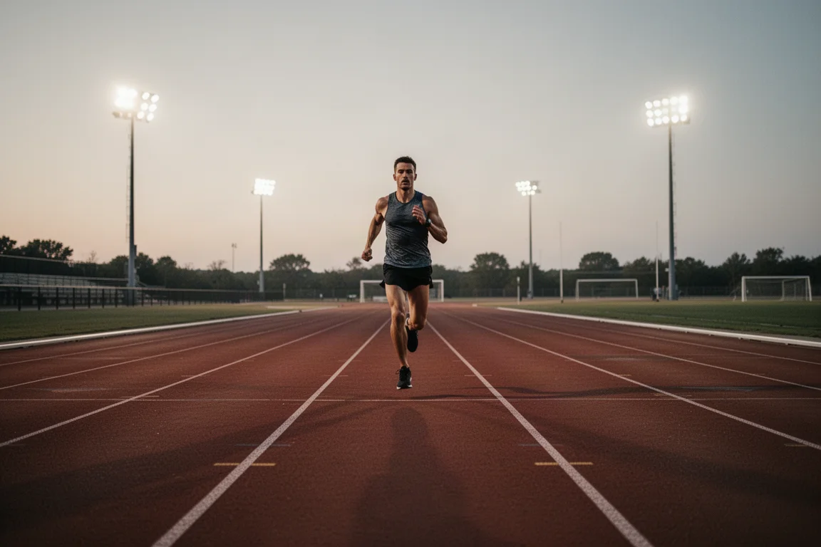 Corredor completando repetições de intervalo em uma pista de atletismo ao entardecer
