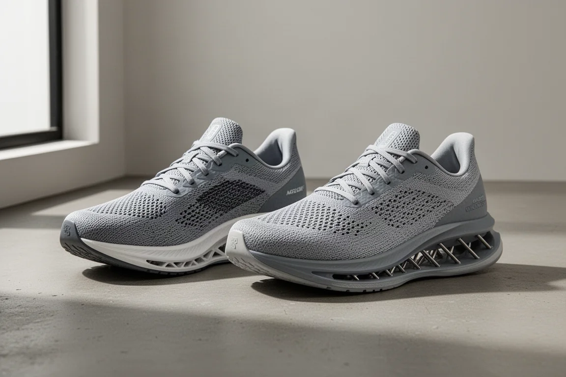 Two lightweight running shoes side by side on a concrete surface