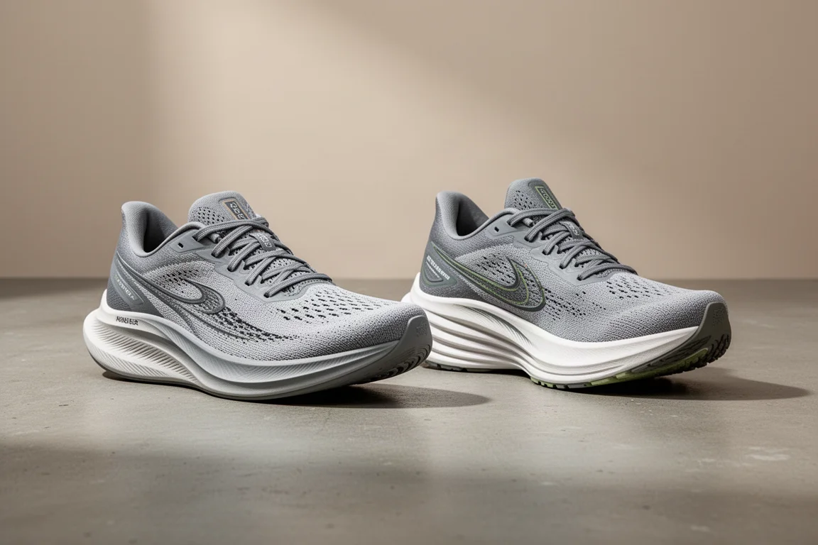 Zwei Plated-Laufschuhe nebeneinander auf einer Betonoberfläche