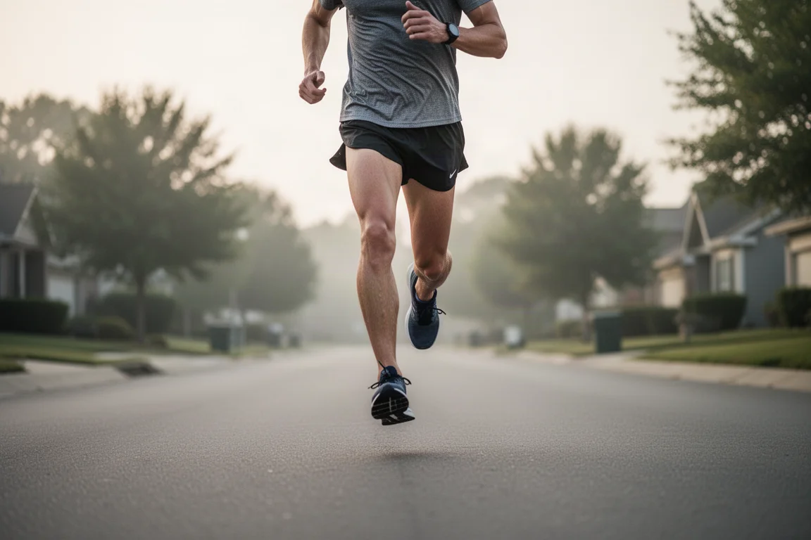 Runner in a steady training pace on an open suburban road in morning light