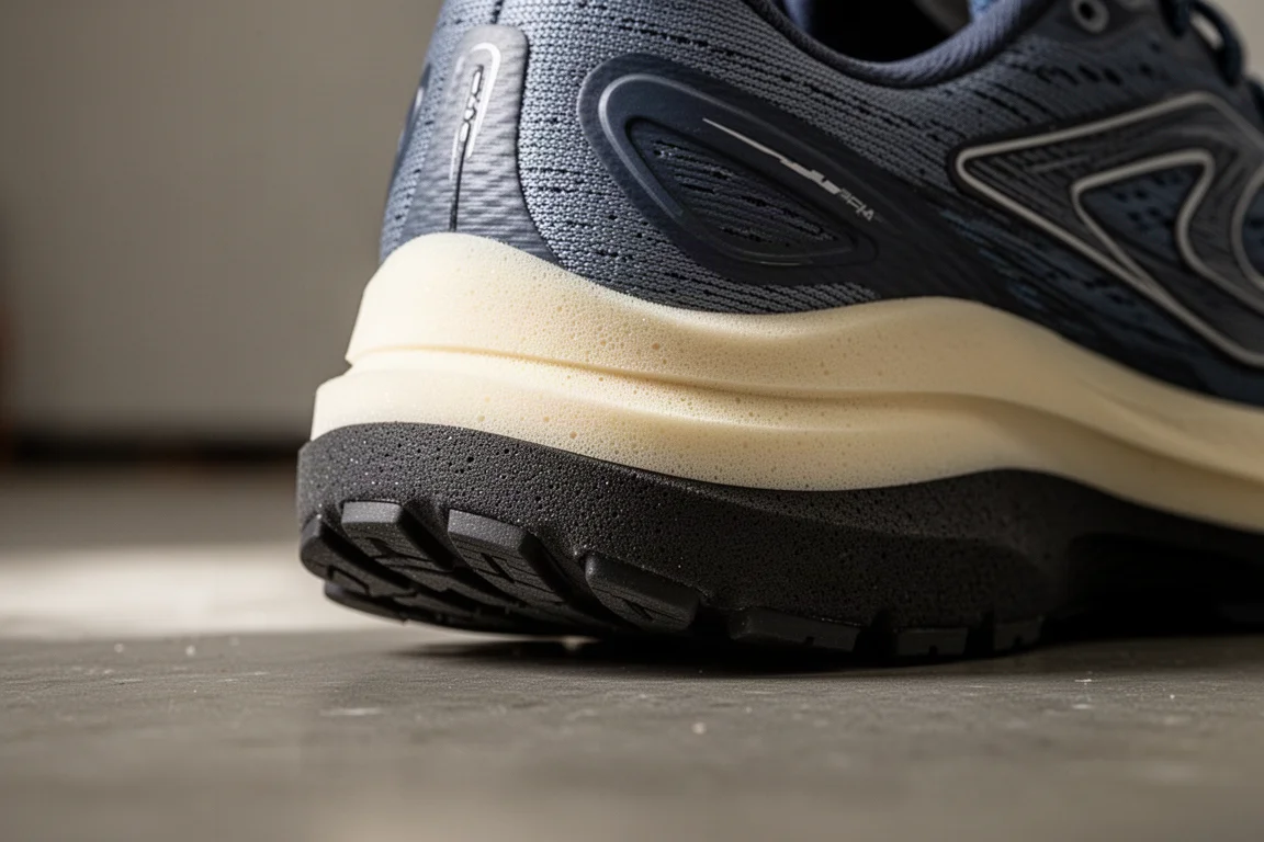 Close-up of a thick two-layer running shoe midsole on a garage floor