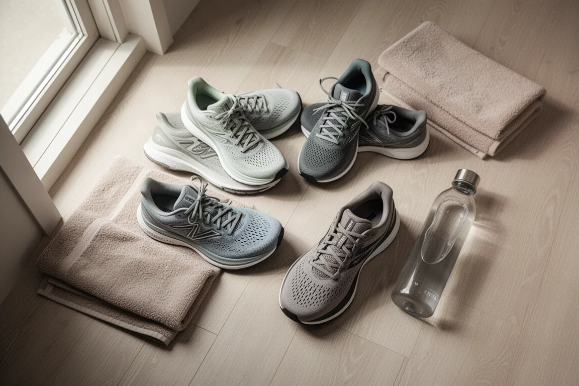 Running shoes arranged in a flat-lay on a light wooden floor after a run