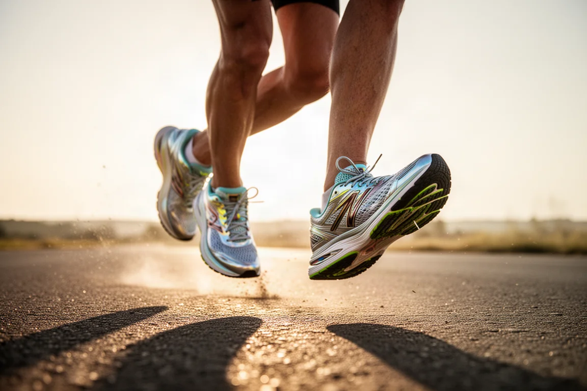 Runner's feet close-up in plated trainers on hot open tarmac