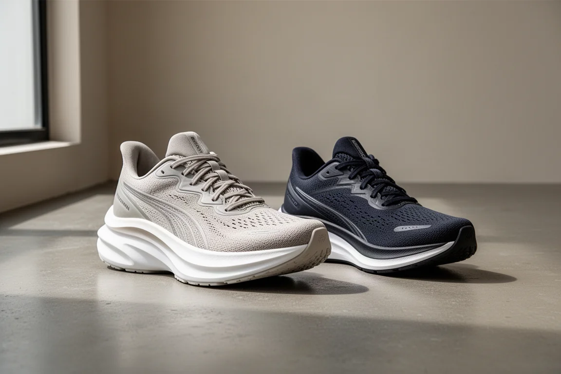 Two modern plated running shoes side by side on a grey concrete floor