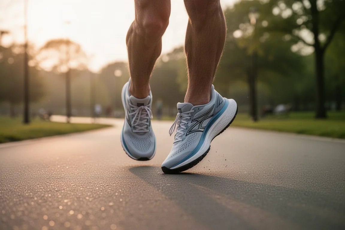 Nahaufnahme der Füße eines Läufers in Laufschuhen auf einem asphaltierten Weg bei Sonnenaufgang